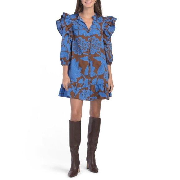 SUGAR LIPS blue/brown Ofelia Floral Sammy Ruffle Drop Waist Mini Dress - Picture 1 of 2